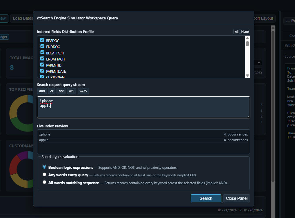 MetaDiscovery offline eDiscovery software viewing a dtSearch index search.